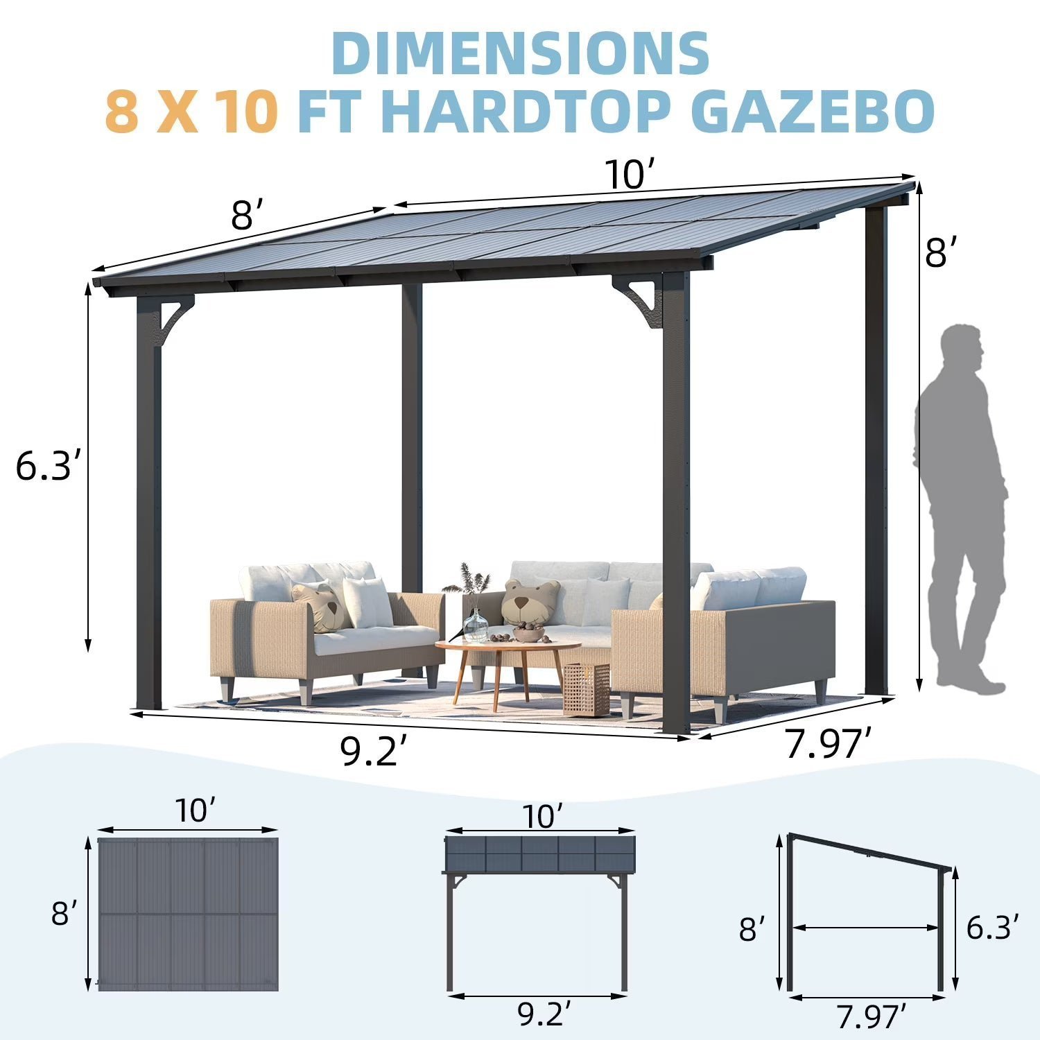 8' x 10' Hardtop Gazebo Outdoor Aluminum Pergola For Garden, Patio, Backyard-Gray - Image 2
