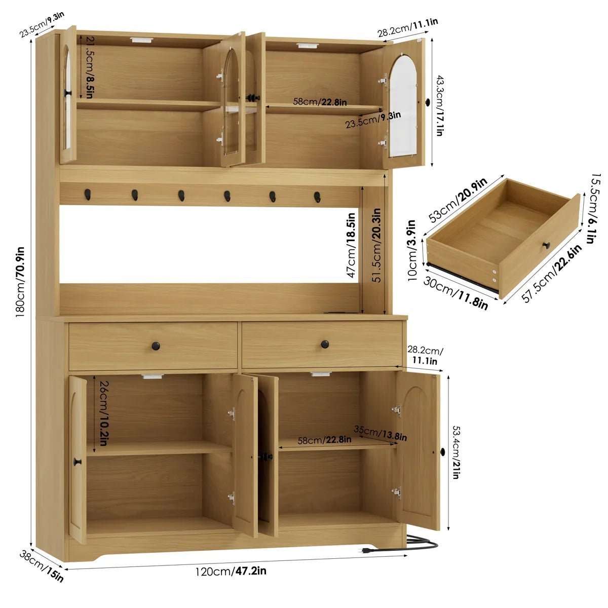 71" LED Kitchen Pantry Cabinet with Power Outlet, Large Kitchen Hutch Storage Cabinet - Image 2