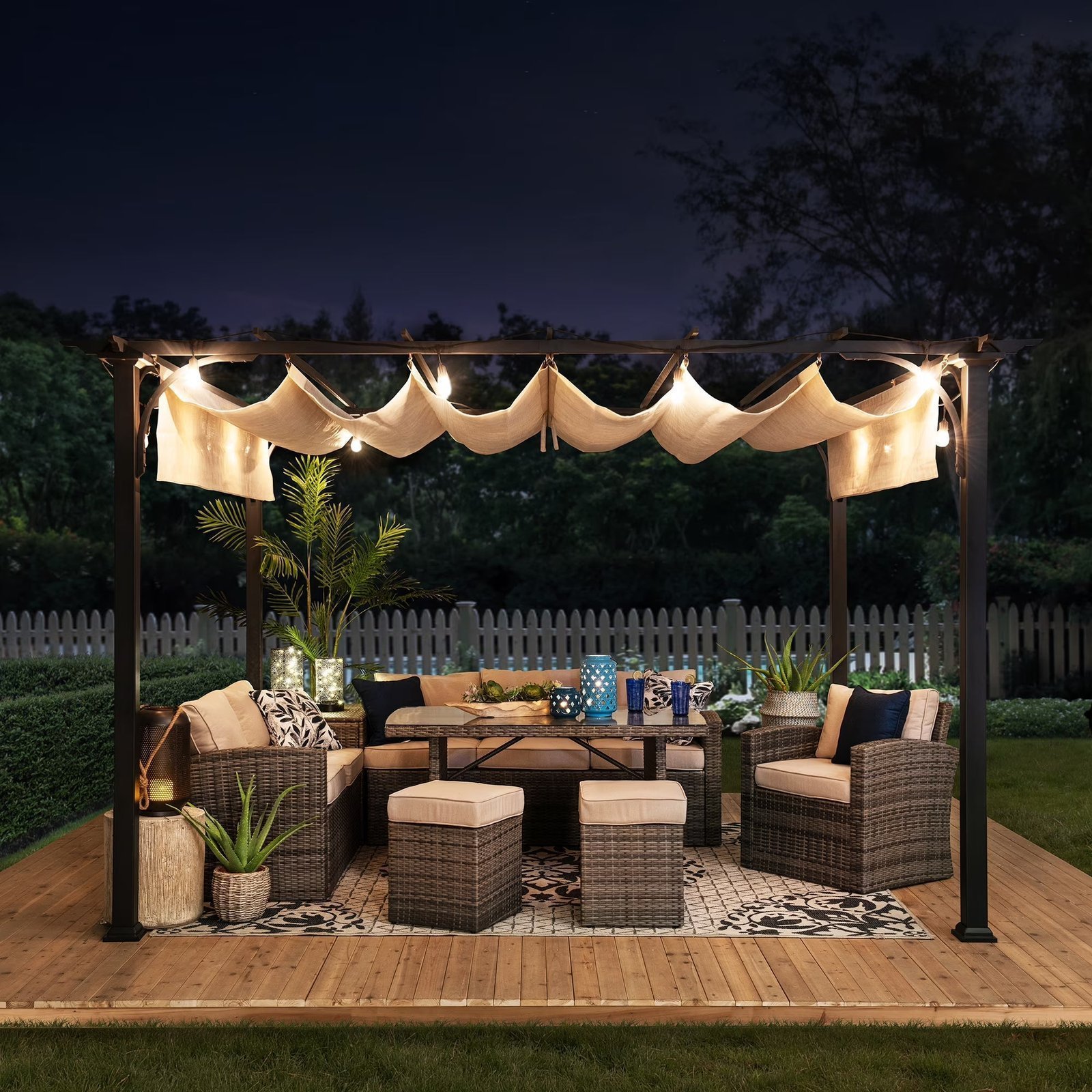 Outdoor Pergola 9 x 12 ft. Patio Black Steel Frame Pergola with Retractable Beige Canopy Shade for Backyard, Garden Activities