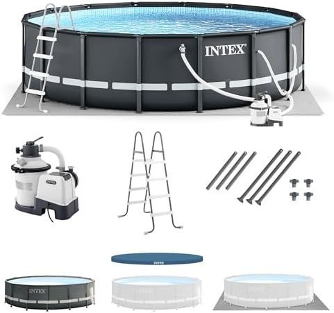 Intex Ultra XTR Frame 14-Foot x 42-Inch Round Above Ground Outdoor Swimming Pool Set with Sand Filter Pump, Ladder, Ground Cloth, and Pool Cover