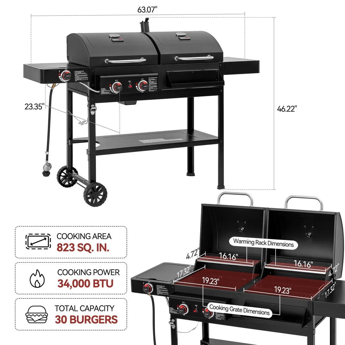 2-Burner Gas and Charcoal Combo Grill with Side Burner - Image 6