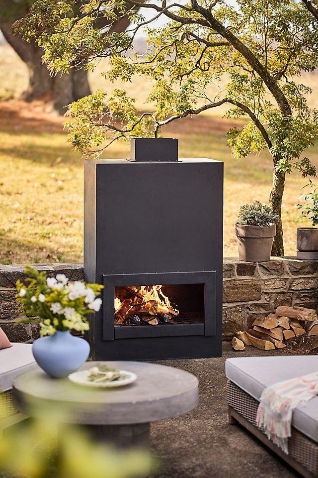 Weathering Steel Paned Outdoor Fireplace in Black, Size: Large at Terrain - Image 2