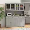 Gray Painted Wood 61.2 in. W Food Pantry Cabinet With Drawers and Adjustable Shelves, Glass Doors, Hutch - Image 8