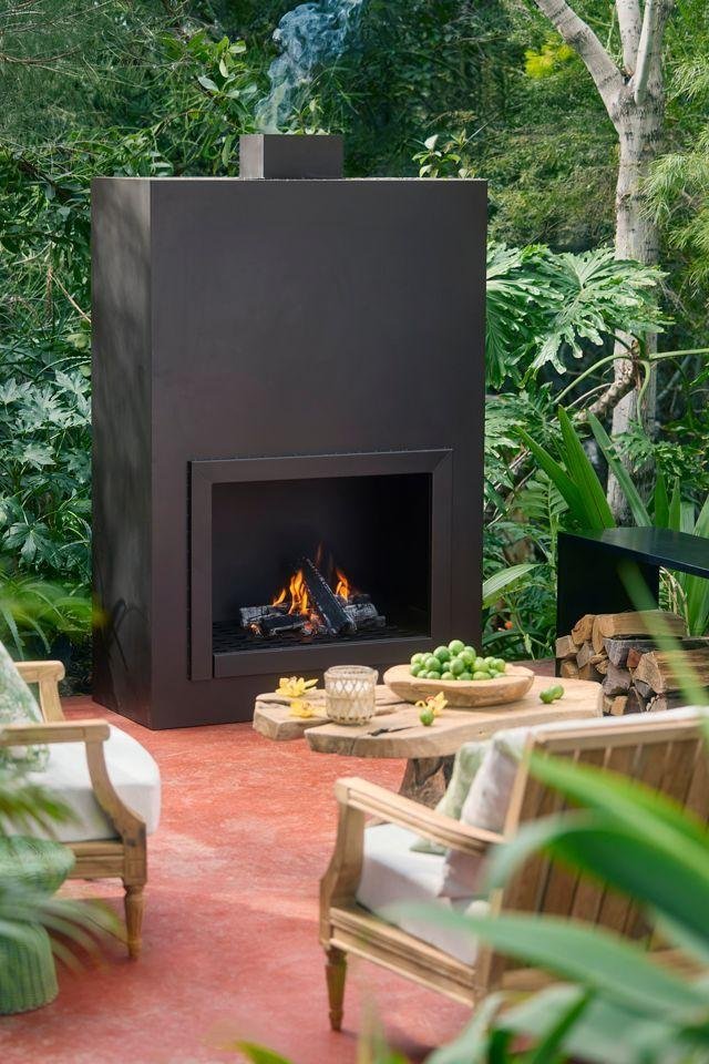 Weathering Steel Paned Outdoor Fireplace in Black, Size: Large at Terrain
